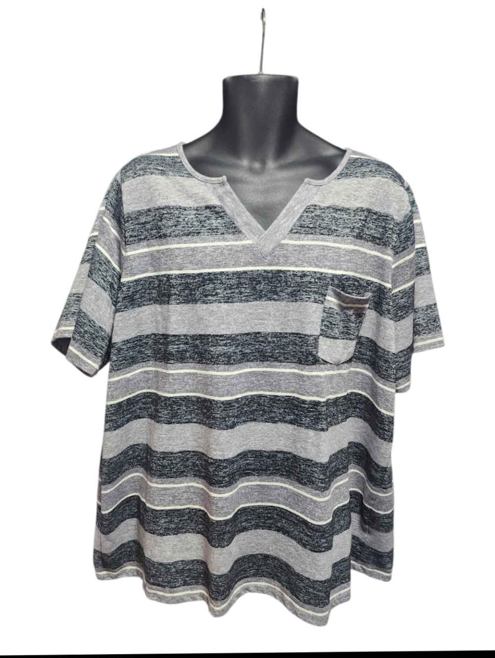 CJ Banks Striped Short Sleeve V-Neck Tee in Gray and Black